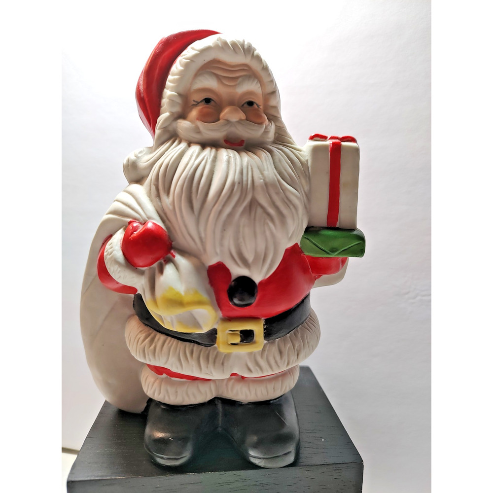 Santa Ceramic w/ Present Coin Bank 8" tall-6"wide-5" long Stopper FLAW CHIP HAT